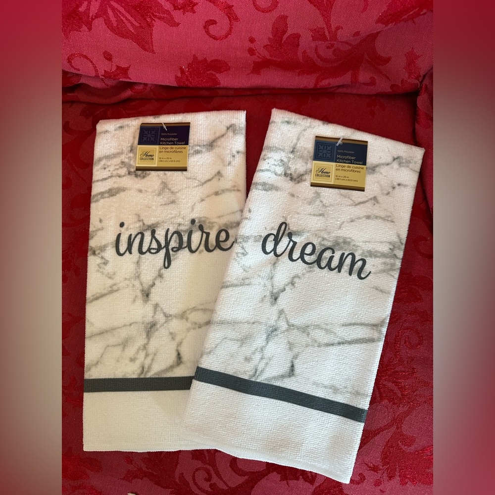Set of 2 Home Collection Marble Microfiber Inspirational Words Kitchen Towels